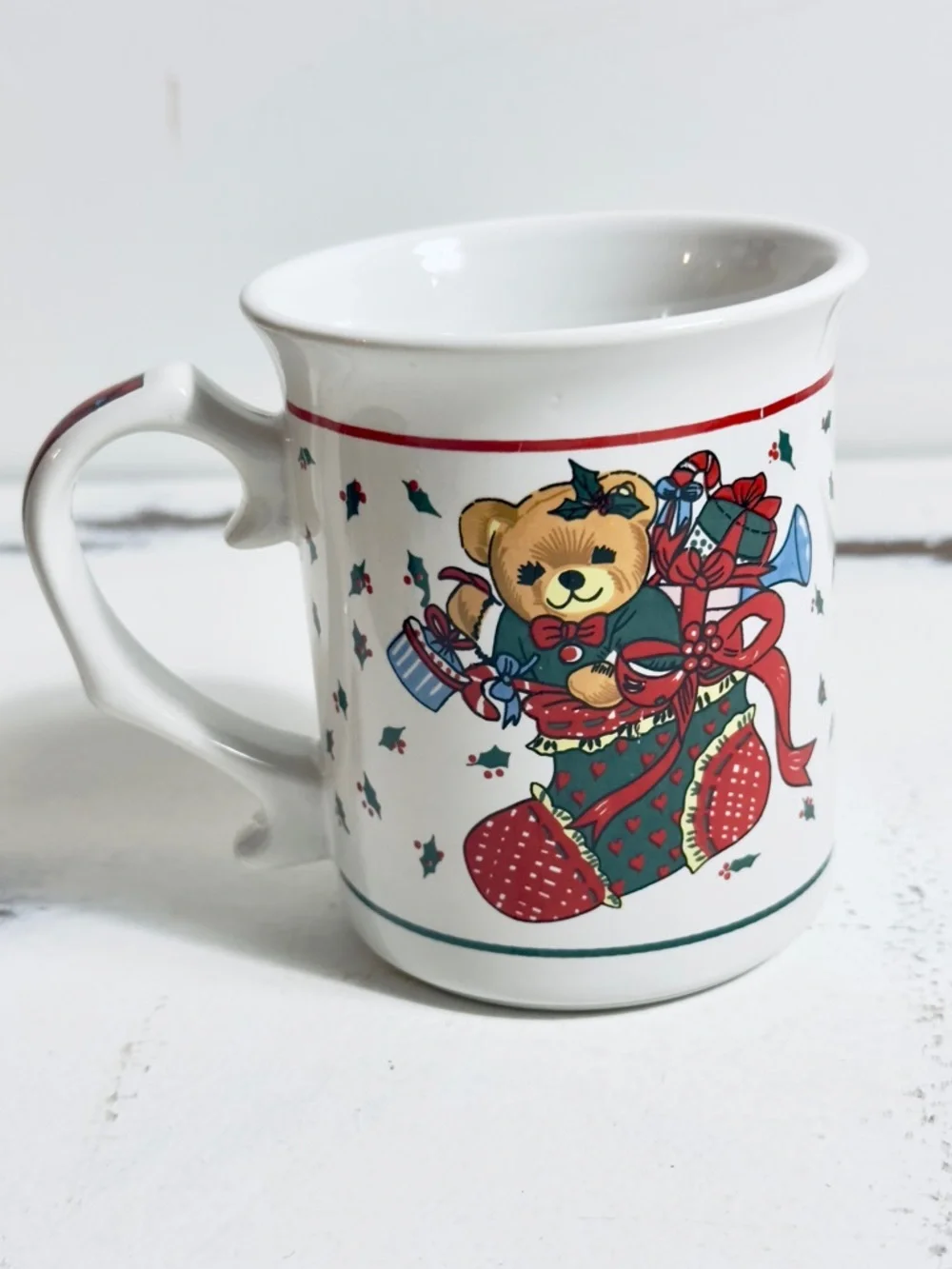 Vintage 80’s Christmas mug Festive Teddy Bear‎ Christmas Stocking Mug